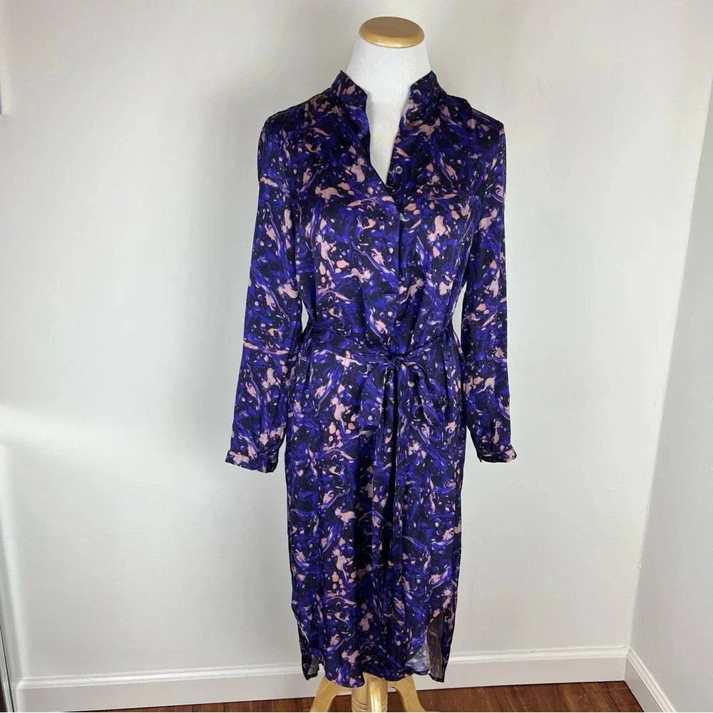 The Westside California Apparel Silk Long Sleeve Tie Waist Printed Dress Purple